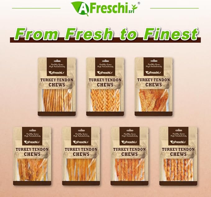 AFreschi Turkey Tendons for Dogs, USA-Sourced, Healthy Dog Treats, Rawhide-Free Puppy Chews, All Natural, Hypoallergenic Dog Treats, Classic Series, Thin Sticks, 3.5 oz Pack
