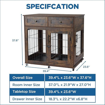 2 Dog Crate Furniture with 2 Drawer,39.4" Wooden Large Dog Kennel Crate End Table with Wheels (Brown)