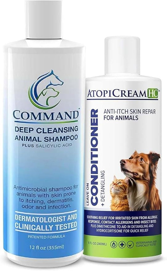 Itchy Dog Bundle, 12 oz Command Medicated Pet Shampoo + 8 oz AtopiCream HC 1% Hydrocortisone Conditioner, Relief for Dogs with Allergies and Dry Skin