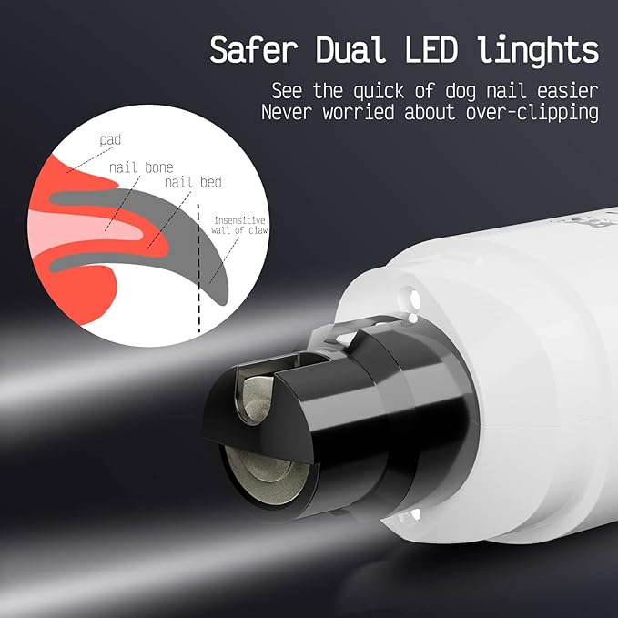 K&K Dog Nail Grinder with 2 LED Light for Large Medium Small Dogs Professional 2-Speed Powerful Electric pet Nail Clipper which Gentle and Painless Paws Grooming & Smoothing Tool (White)