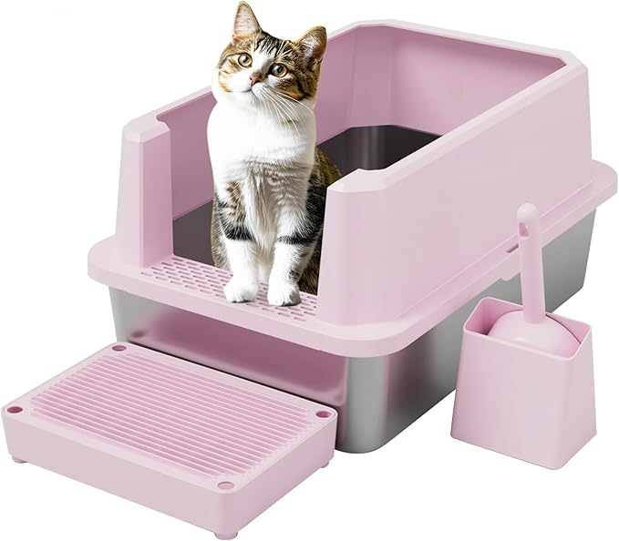RIZZARI Large Cat Litter Box: Pink Semi-Closed Stainless Steel Litter Box with High Edges - Odorless Litter Pan Anti Leakage for Small to Large Cats for Bedroom Living Room