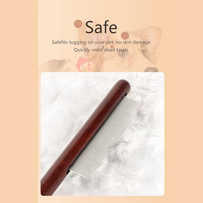 Pet Wooden Comb, Stainless Steel Pin Teeth Durable Comfortable Portable Cat Comb, Pet Wooden Brush Cat Brush Wooden Handle Cat Comb Pet Brush for Pets Dogs (Fine Tooth Comb)