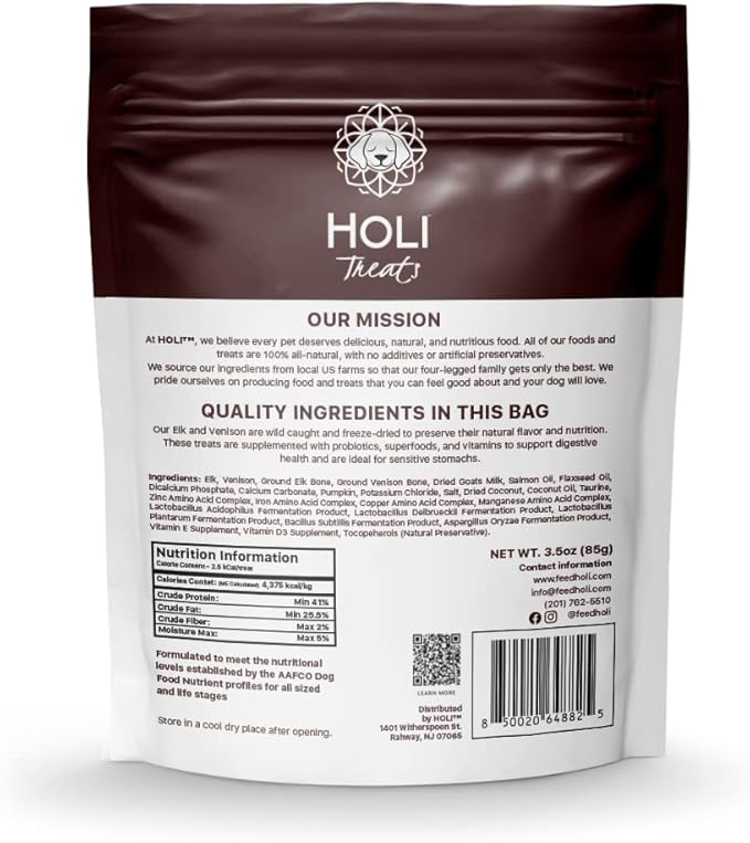 HOLI Elk & Venison Freeze Dried Dog Treats - All Natural and Wild Caught | Vitamin and Mineral Fortified | Made in USA - Human Grade - Grain Free - Diabetic Friendly - 6oz