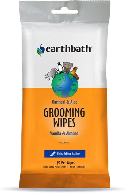 earthbath, Oatmeal & Aloe Grooming Wipes - Dog Wipes for Paws and Butt, Best Pet Wipes for Dogs & Cats, Helps Relieve Itchy & Dry Skin, Made in USA, Cruelty-Free - Vanilla & Almond 30 Count (1 Pack)
