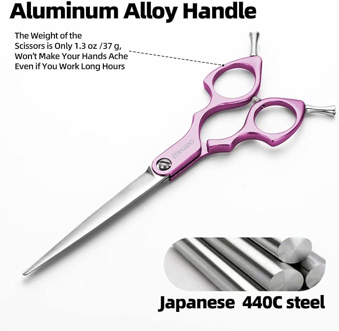 6.5" Dog Grooming Scissors Ultra-Light Aluminum Handle Scissors for Dogs and Cats Straight Blade Cutting Shears Professional Pet Quick Trimming Sharp (Purple-Straight)