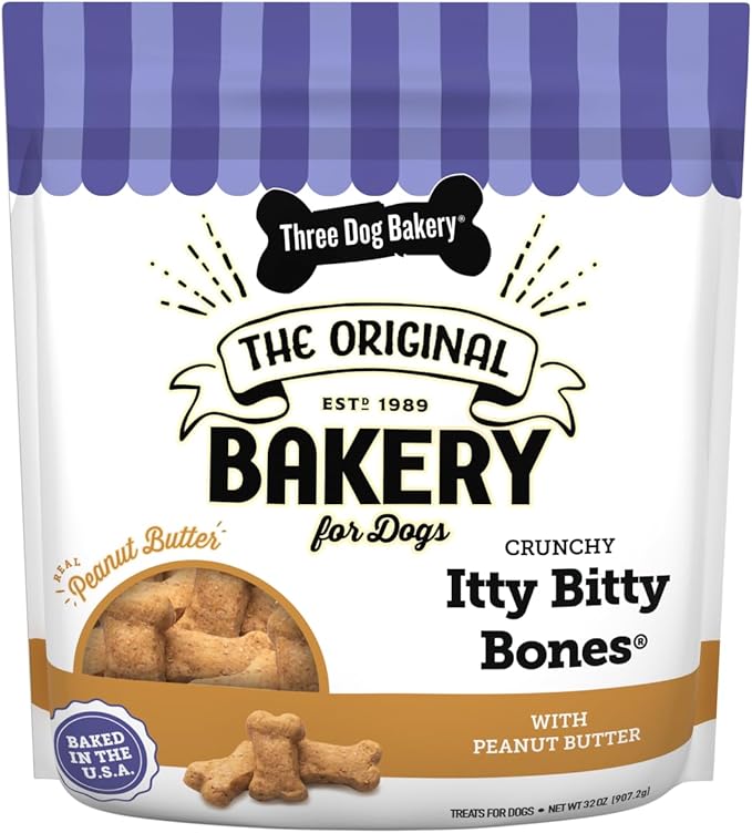 Three Dog Bakery Itty Bitty Bones Baked Dog Treats, Peanut Butter, 32 oz, (320123)