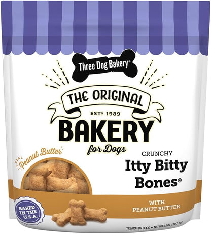 Three Dog Bakery Itty Bitty Bones Baked Dog Treats, Peanut Butter, 32 oz, (320123)
