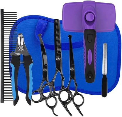 7 Pieces Professional Grooming Scissors Kit with Curved, Thinning, Straight Scissors, Nail Clipper, Nail File and Pet Hair Removal Comb for Pet Dogs & Cats