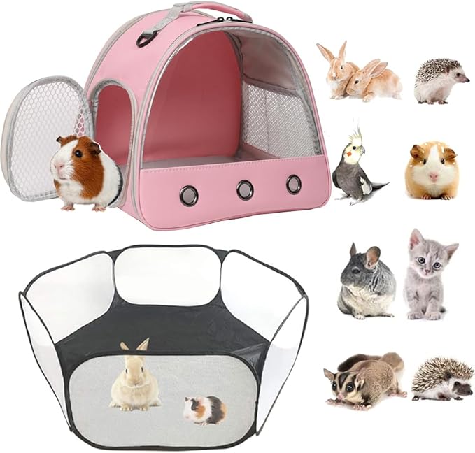 2-Pack Guinea Pig Carrier and Playpen Set - Breathable Pet Playpen Pop Open Outdoor/Indoor Exercise Fence, Portable Small Animal Backpack for Bearded Dragon, Rabbits, Hamster, Chinchillas