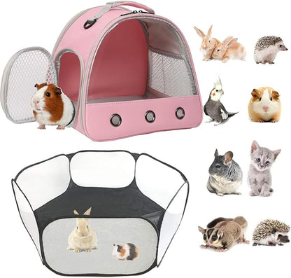 2-Pack Guinea Pig Carrier and Playpen Set - Breathable Pet Playpen Pop Open Outdoor/Indoor Exercise Fence, Portable Small Animal Backpack for Bearded Dragon, Rabbits, Hamster, Chinchillas