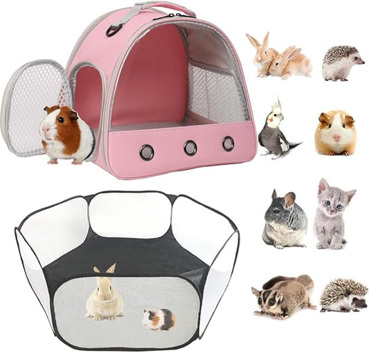 2-Pack Guinea Pig Carrier and Playpen Set - Breathable Pet Playpen Pop Open Outdoor/Indoor Exercise Fence, Portable Small Animal Backpack for Bearded Dragon, Rabbits, Hamster, Chinchillas