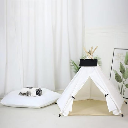 Dog and Cat Teepee Bed - Portable Pet Tent for Small Dogs and Indoor Cats, Removable & Washable With Cozy Cushion, Bunny Outdoor House (White, L)