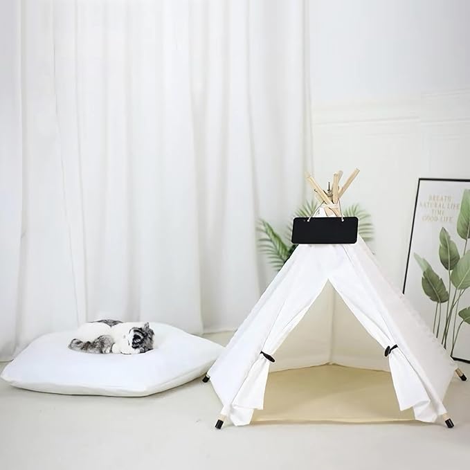 Dog & Cat Teepee Tent Bed - Portable Indoor/Outdoor Pet Tent with Cozy Cushion, Removable & Washable, White, M