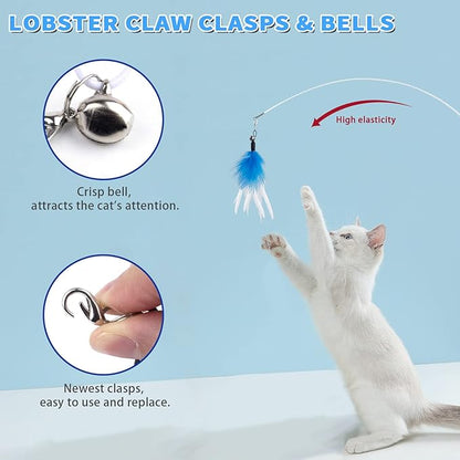 Cat Wand Toy for Indoor Cats 6PCS Fairy Feather Cat Toys with Retractable Fishing Pole Replaceable Feather Attachments Dragonfly Tassel Worm with Bells Cat String Kitten Toy Gift (Blue)