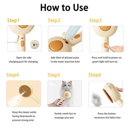 3-in-1 Steam Brush For Catsï¼_ndoor Dog Grooming Shedding Defur Combï¼_or Long And Short Haired Pets Spray Hair Removal Comb  Includes Cleaning Waterless Shampoo