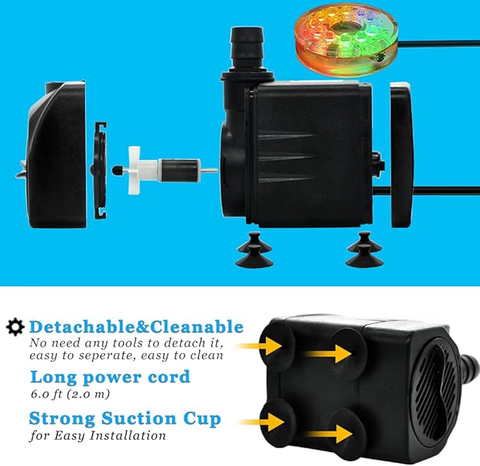 PULACO 10Watt 160GPH Submersible Fountain Pump with Automatic Color Changing LED Light and flow regulator for Water Feature, Outdoor Pond, Aquarium fish tanks