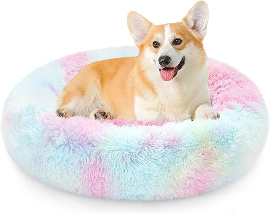 NOYAL Calming Donut Dog Bed for Small to Medium Dogs & Cats - Plush Faux Fur Anti-Anxiety Pet Bed with Machine Washable Cover & Non-Slip Base