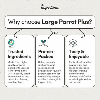 Mycelium Organic Large Parrot Plus Bird Food (5 LBS) | Premium Bird Seed for Macaws, Cockatoos & Parrots | High-Protein, Vitamin-Fortified, Skin & Feather Support | Non-GMO, USA Made, No Fillers