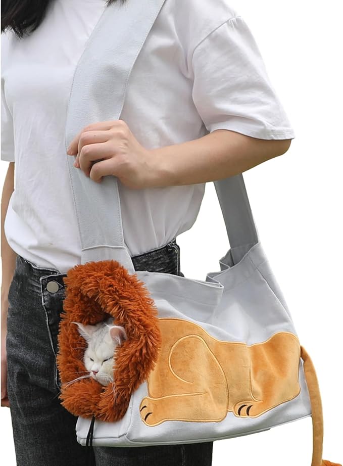 Dog Carrier Sling Lion-Shaped Pet Canvas Bag Cat Shoulder Bag Pet Body Holder for Daily Use Walking Travel Outdoor, Light Grey S