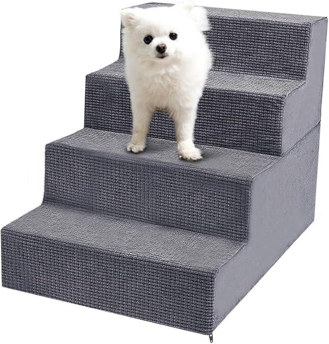 Niubya Dog Stairs for Small Dog, Dog Steps for High Beds and Couch,18”H Non-Slip Bottom Pet Stairs for Small Dogs and Cats,High-Density Foam Pet Steps Grey, 4 Steps