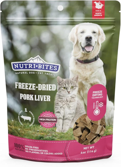 Nutri Bites Freeze Dried Pork Liver Dog & Cat Treats, 4oz | Healthy Pet Training Treats or Food Topper | All Natural, Single Ingredient, High Protein | Great for Puppy, Small, Medium, or Large Breeds