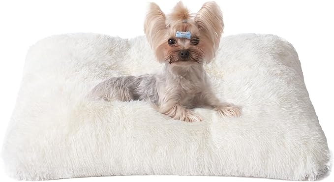 EHEYCIGA Fluffy Dog Crate Bed for Small Dogs, Plush Faux Fur Dog Crate Pad, Calming Anti Anxiety Small Dog Bed for Crate, Washable Soft Warm Dog Crate Mat with Non-Slip Bottom, Beige