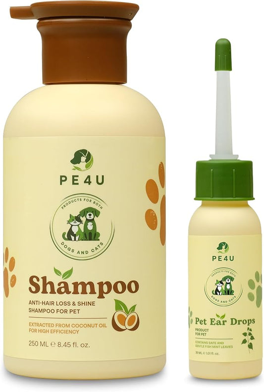 Natural Pet Shampoo for Dogs & Cats – Smooth Coat, Reduce Shedding & Odor Control – Coconut & Olive Oil Formula - Safe for Sensitive Skin, Hypoallergenic, Relieve Dry Skin - [Shampoo + Ear Drop]