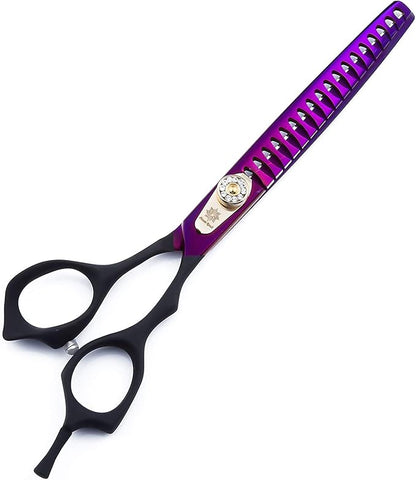 Dream Reach 7.0 inches Professional Decompressed Elastic Handle Pet Grooming Scissors Set,Straight & Chunker & 2 Curved Scissors 4pcs Set for Dog Grooming (Purple) (4PSC Set)