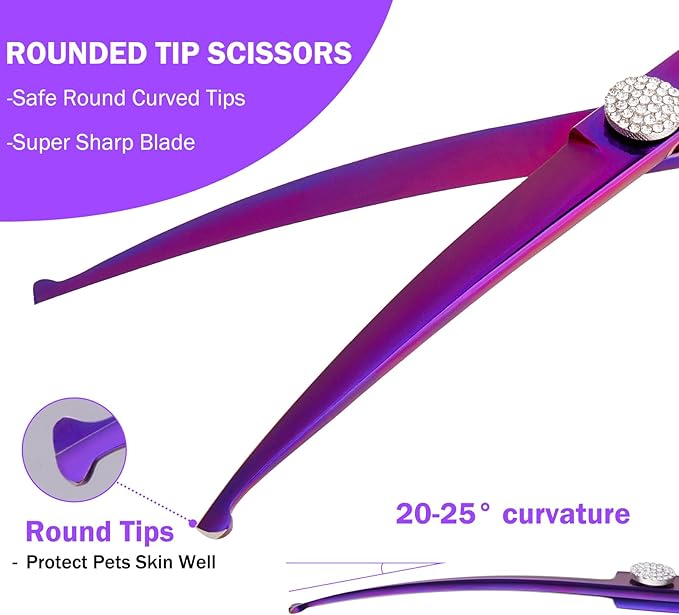 7 Inch Curved Scissors for Dog Grooming, 440C Stainless Steel Pet Hair Trimming Shears with Safe Round Tips, Professional Downward Curve for Dogs, Cats, and Other Pets