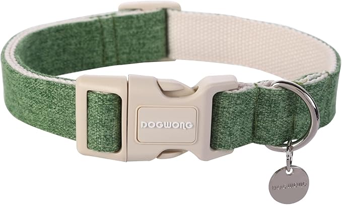 DOGWONG Cotton Hemp Dog Collar - Heavy-Duty Green Adjustable Soft Natural Fabric Pet Collar, Cute Wedding Puppy Necklace for Small Medium Large Dogs
