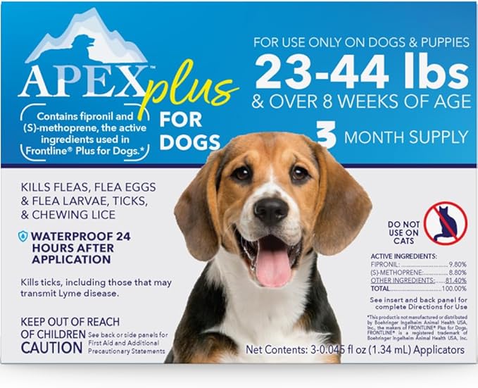 Apex Plus Flea and Tick Prevention for Dogs | Medium (23-44 lbs) | 3-Month Supply | Dog Flea and Tick Treatment | 24-Hour Activation, Waterproof, 30-Day Protection