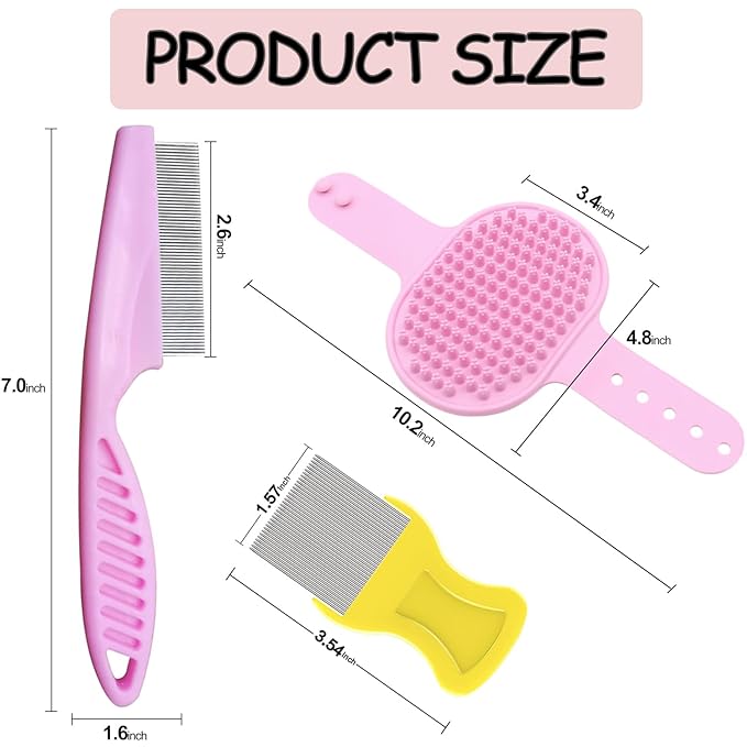 4Pack Pet Grooming Brush Kit, Aoche Dog Bath Brush Flea Comb for Dogs Pet Shampoo Brush Soothing Massage Rubber Comb Flea Lice Comb Cat Tear Stain Comb Dog Brush for Shedding, Pink+Yellow