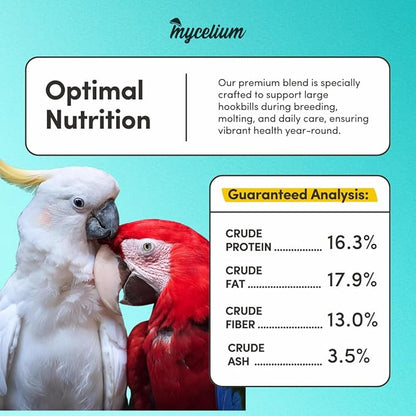 Mycelium Large Hookbil Plus | Clean & Safe Bird Food for Macaws, Cockatoos, Amazons | High in Protein & Fat | Seed Mix with Vitamins, Egg, Corn, Peanuts & Hemp Seed | Organic, Non-GMO 5 lb Bag