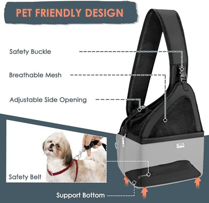 SlowTon Pet Dog Sling Carrier, Hands Free Hard Bottom Papoose Small Animal Puppy Up to 12 lbs Travel Bag Tote Breathable Mesh Support Adjustable Padded Strap Pocket Safety Belt Machine Washable