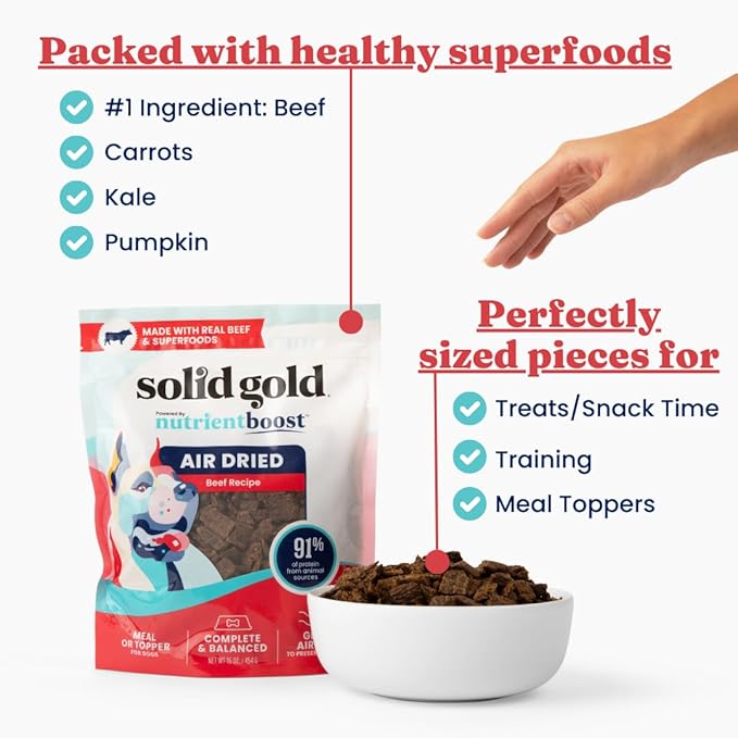 Solid Gold Air Dried Dog Food Toppers for Picky Eaters - Healthy Dog Treats Made with Real Beef to Serve as Meal Topper or Dog Treat - Supports Muscle Growth, Immunity, and Healthy Digestion - 1 LB