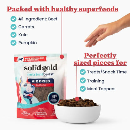 Solid Gold Air Dried Dog Food Toppers for Picky Eaters - Healthy Dog Treats Made with Real Beef to Serve as Meal Topper or Dog Treat - Supports Muscle Growth, Immunity, and Healthy Digestion - 2 LB