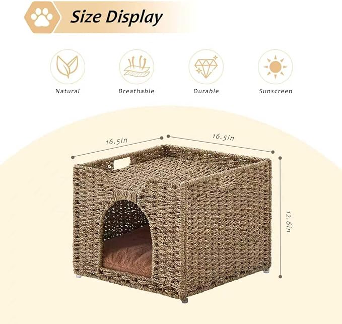 Cat Houses for Indoor Cats, Handwoven Natural Seagrass Cat Cave Pet Cube,Foldable Pet Cat House, Cat Beds with Double-Sided Mat, Hideaway, in Living Room Bedroom