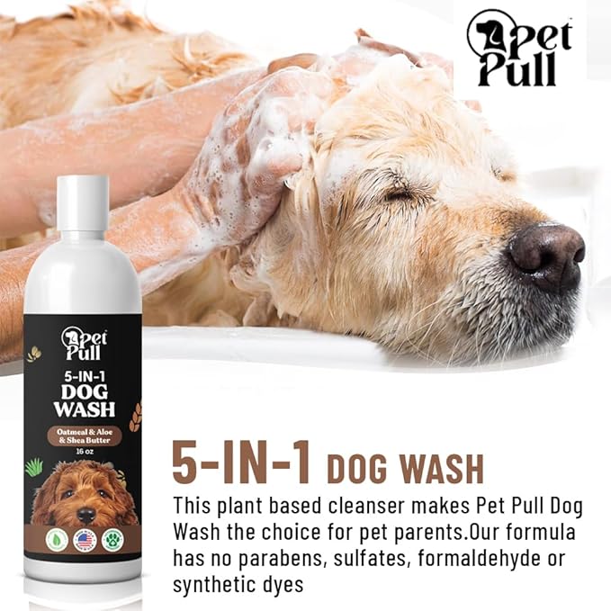5-in-1 Dog Wash - Plant Based Dog Grooming Supplies for Dogs Cleanses - Skin Care Dog Wash Shampoo - Sulfate Free, All Natural Puppy Wash Made in USA (16 Fl Oz) (Oatmeal, Aloe, Shea-Butter)