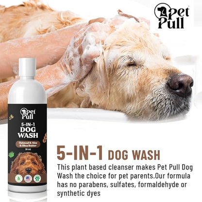 5-in-1 Dog Wash - Plant Based Dog Grooming Supplies for Dogs Cleanses - Skin Care Dog Wash Shampoo - Sulfate Free, All Natural Puppy Wash Made in USA (16 Fl Oz) (Oatmeal, Aloe, Shea-Butter)