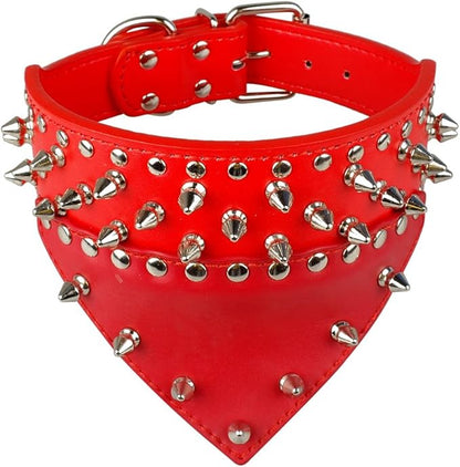 Dogs Kingdom 20"-26" Length Triangle Collar Design Spiked Silver Rivets Studded Leather Dog Collar Heavy Duty for Medium Large Breeds Pitbull Mastiff Boxer Bully Red M