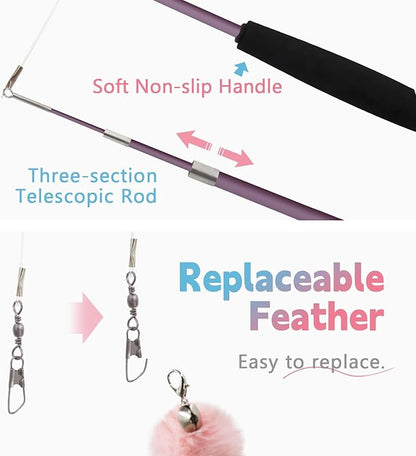 SONGWAY Cat Wand Toys for Indoor Cats - Cat Toy Set with Retractable Teaser Wand and 6 PCS Fairy Feather Toy Refills, Butterfly Tassel Plush Cat Toys Interactive, Pink