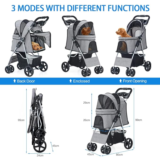 Pet Stroller, Cat Dog Stroller for Medium Small Dog with Storage Basket Foldable Lightweight Dog Carrier Trolley, 4 Wheel, Gray