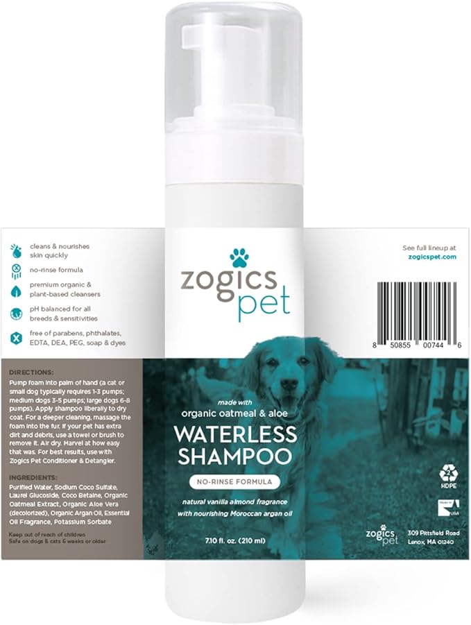 No Rinse Waterless Shampoo  Foaming Cleanser Pet Shampoo, Cruelty-Free and Nontoxic, Hypoallergenic Dog Shampoo Formula Made with Organic Oatmeal, Aloe, and Argan Oil (7.10oz)