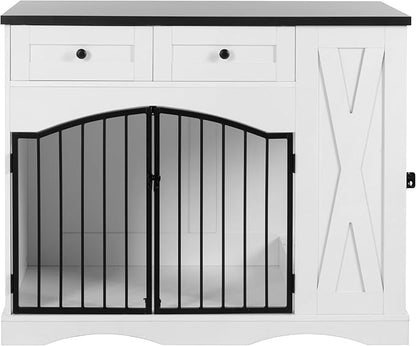 Ball & Cast 43.3" 2-in-1 Dog Crate Furniture,Modern Indoor Kennel with 2 Drawers&Storage Shelves,Double Doors&Double Locks Design for 41-70 lbs Dogs,Living Room,Kitchen,Entryway Side Table,White