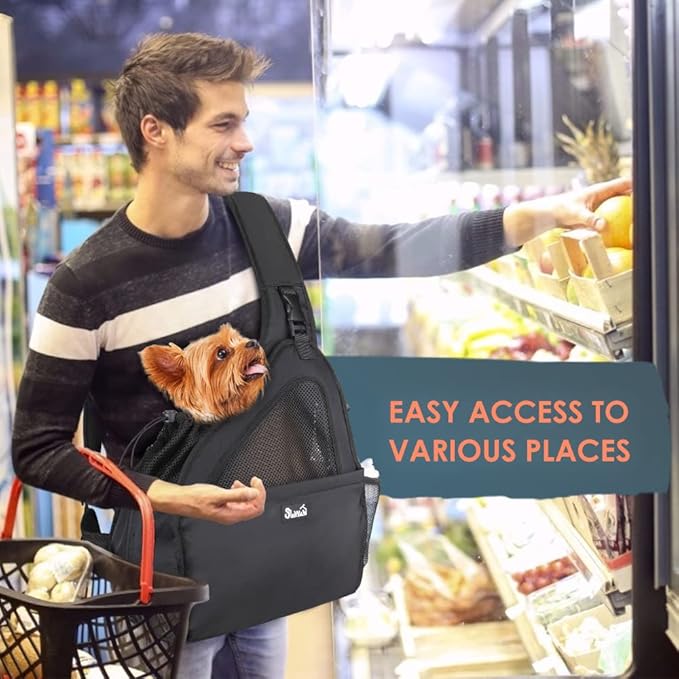 SlowTon Pet Dog Sling Carrier, Hands Free Hard Bottom Papoose Small Animal Puppy Up to 12 lbs Travel Bag Tote Breathable Mesh Support Adjustable Padded Strap Pocket Safety Belt Machine Washable