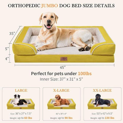 Orthopedic Dog Beds, Jumbo Dog Bed for Extra Large Dogs, Waterproof Dog Bed, PV Washable Dog Sofa Bed with Removable Cover & Non-Slip Bottom(Jumbo,Spicy Mustard)