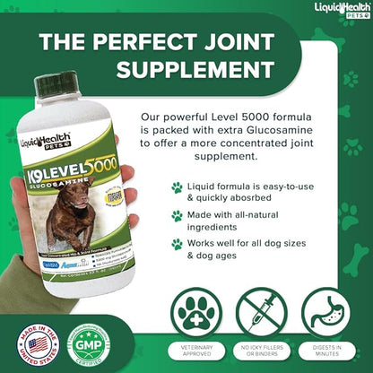 LIQUIDHEALTH Pets K9 Liquid Glucosamine Level 5000 for Large Breeds with Chondroitin, MSM - Pet Joint Health Supplements, Dog Vitamins Hip Joint Juice, Dog Joint Oil - Made in The USA (1 Gallon)
