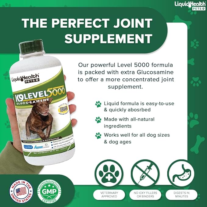LIQUIDHEALTH Pets K9 Liquid Glucosamine Level 5000 for Large Dogs with Chondroitin, MSM, Boswellia Serrata - Dog Hip & Joint Health Vitamins for Dog Joint Pain, Pet Joint Oil Juice - USA Made (32 oz)