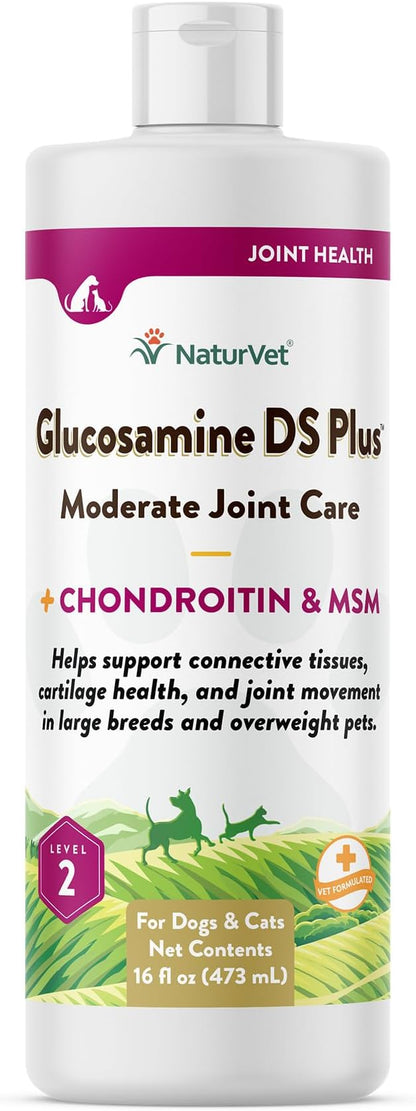 NaturVet Glucosamine DS Plus Hip & Joint Support Liquid Pet Supplement  Level 2 Moderate Care for Dogs & Cats  Includes Glucosamine, MSM, Chondroitin  16 Oz