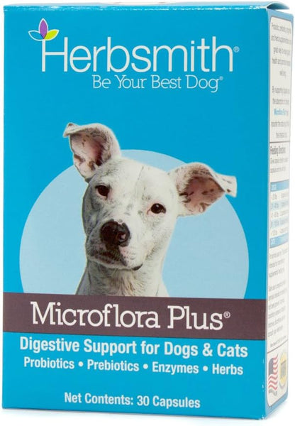 Herbsmith Microflora Plus  Dog Digestion Aid _robiotics and Digestive Enzymes for Dogs  Prebiotic for Dogs  30ct Capsules